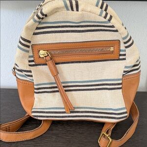 Neutral Striped Canvas & Tan Leather Accent Backpack